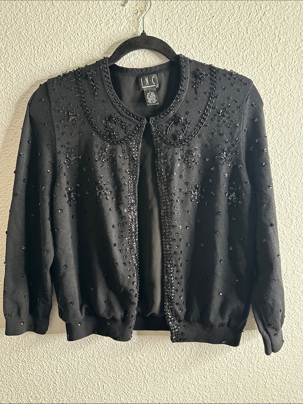 INC International Concepts Black slik blend Beaded Blazer cardigan size L whim